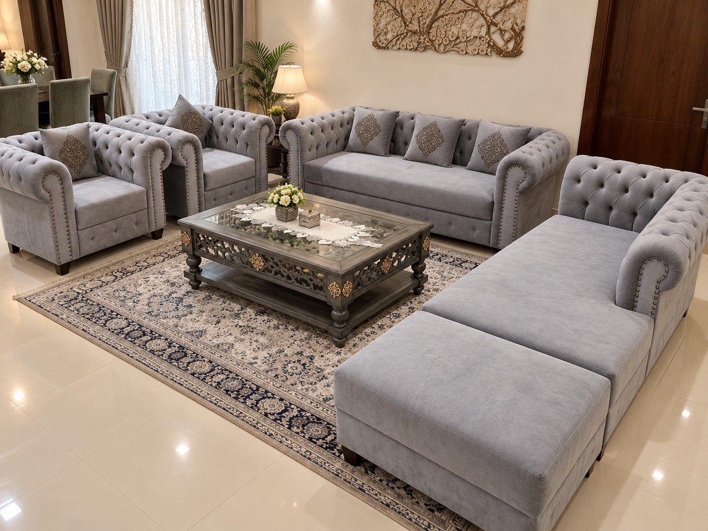 10-Seater Grey Chesterfield Sofa Set for Sale